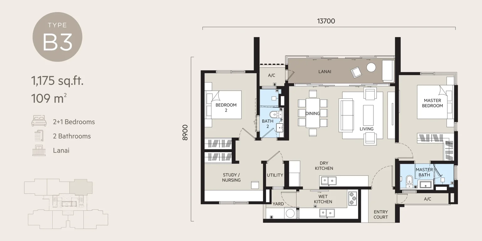 Oaka Type B3 floor plan, 2+1 bedroom 1175 sqft with lanai