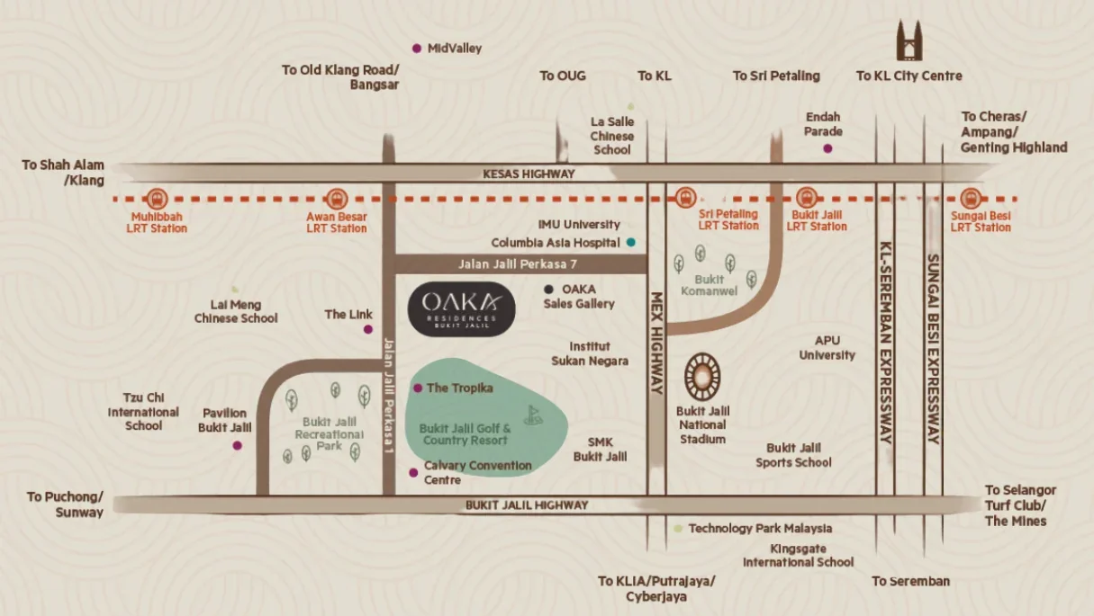 Oaka Residence location map: LRT, Pavilion, golf, park, schools and highways